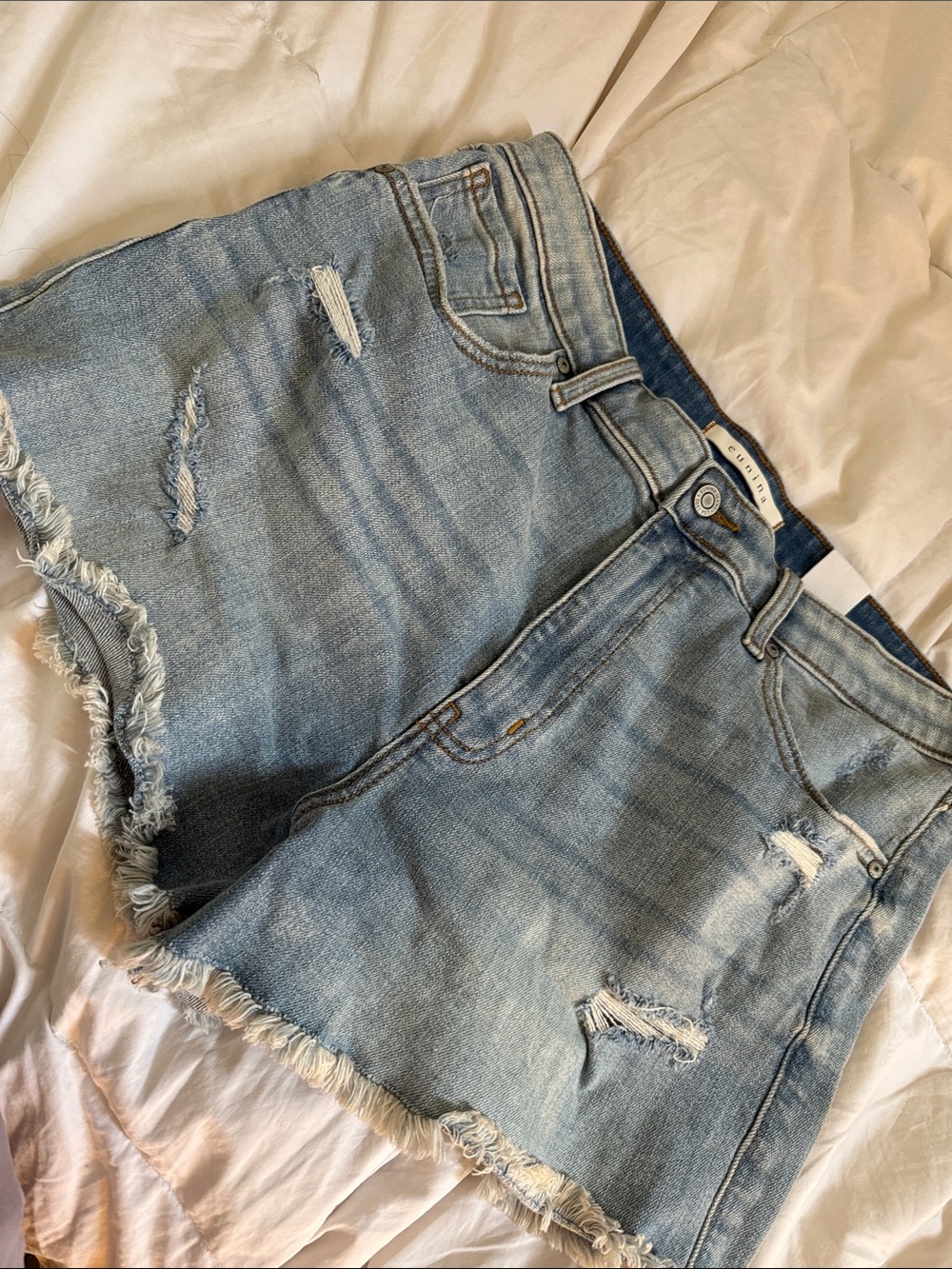 eunina Light Blue Distressed Denim Shorts